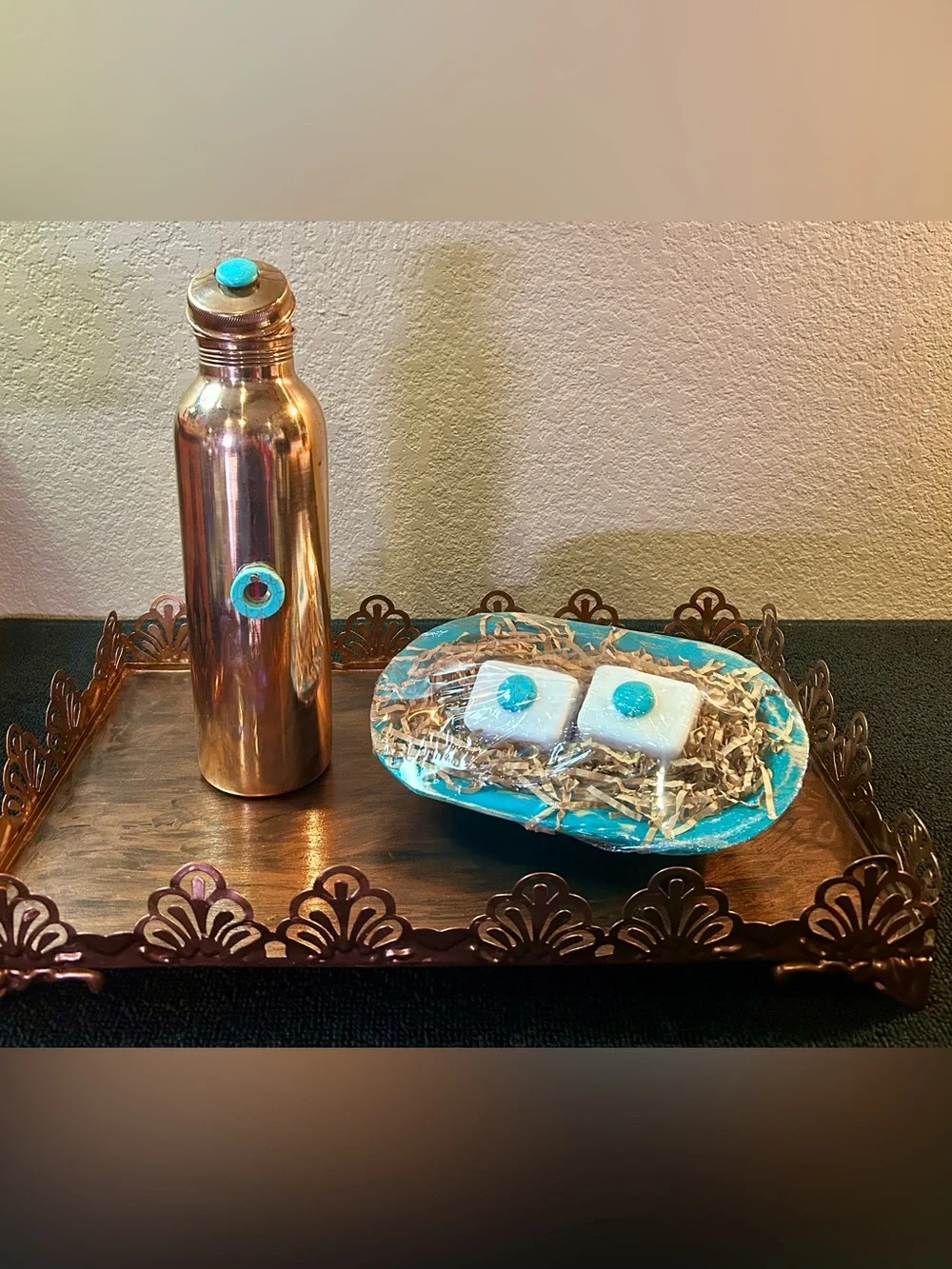 Luxurious Artisan Copper & Turquoise Spa Gift Bundle, set on a Gorgeous Tray!
